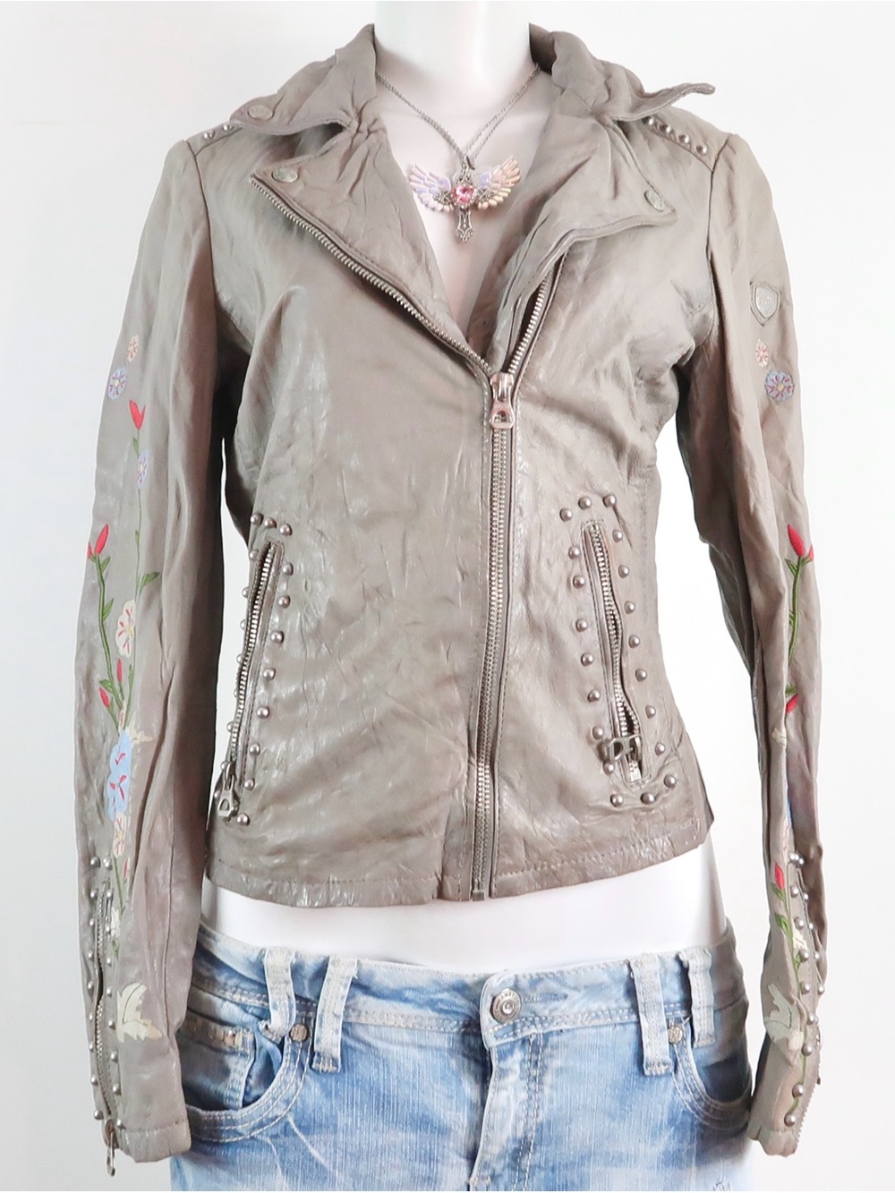Rare Gipsy Y2K Grey Faux Leather Moto Jacket Floral Embroidery — Indie Sleaze